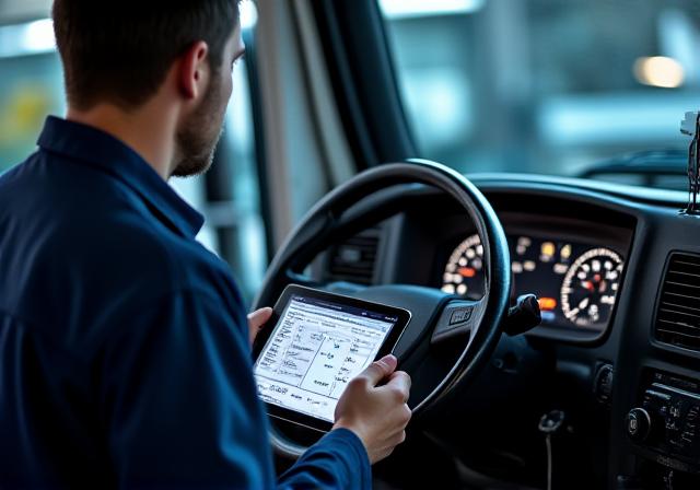 Mechanical technician inspecting a truck engine with tablet
